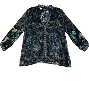 Johnny Was Blouse Top Women Sz S Printed 100% Silk Long Sleeve Artsy Ornate